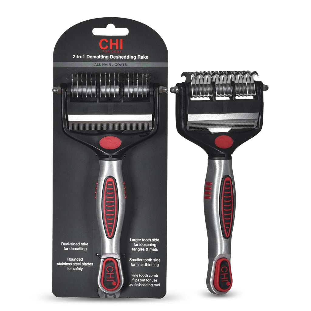 CHI for Dogs 2-in-1 Dematting and Deshedding Rake - Dual Head Grooming Tool for Thick Coats