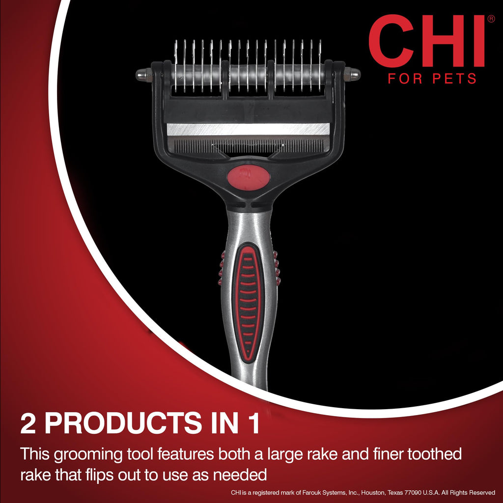 CHI for Dogs 2-in-1 Dematting and Deshedding Rake - Dual Head Grooming Tool for Thick Coats