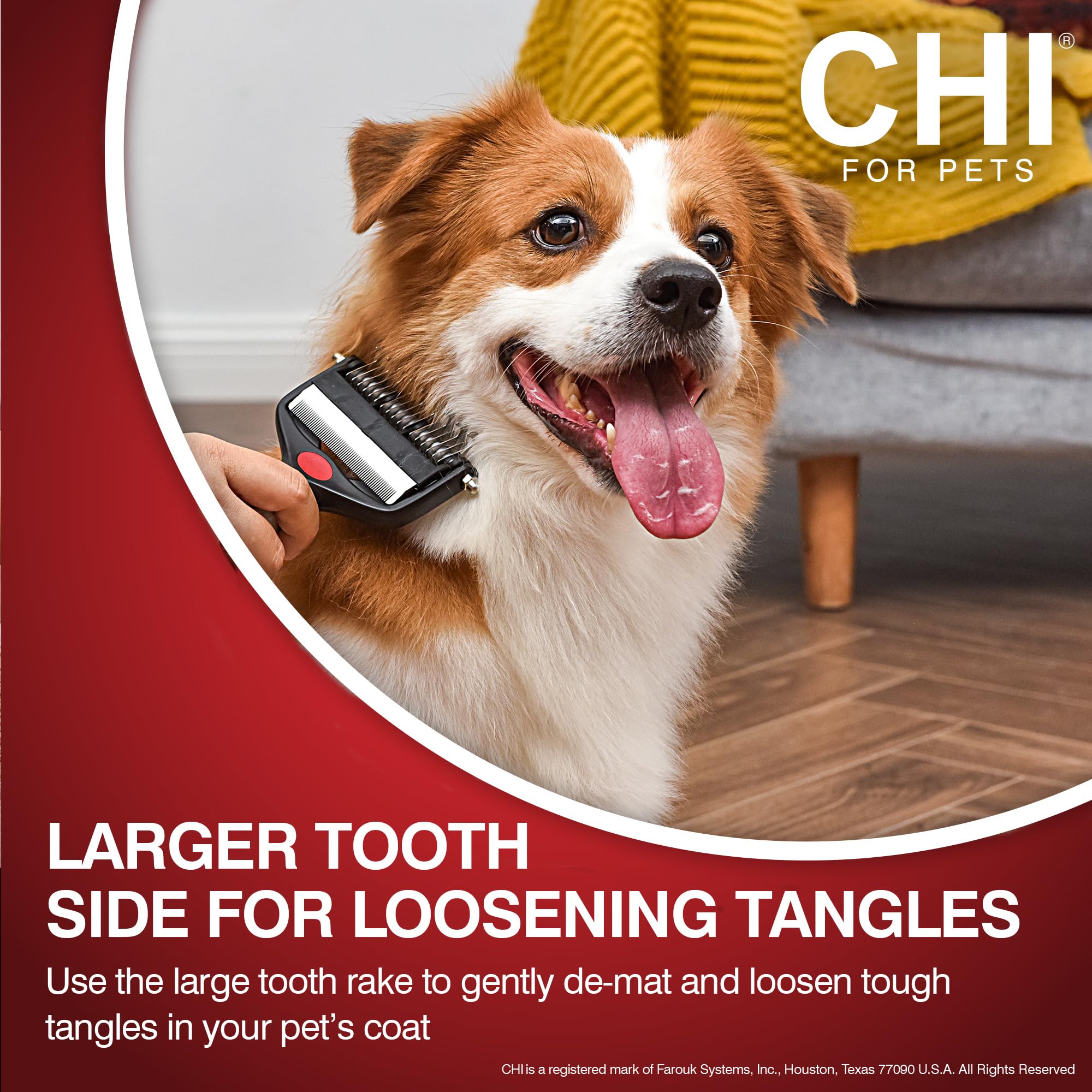 CHI for Dogs 2-in-1 Dematting and Deshedding Rake - Dual Head Grooming Tool for Thick Coats