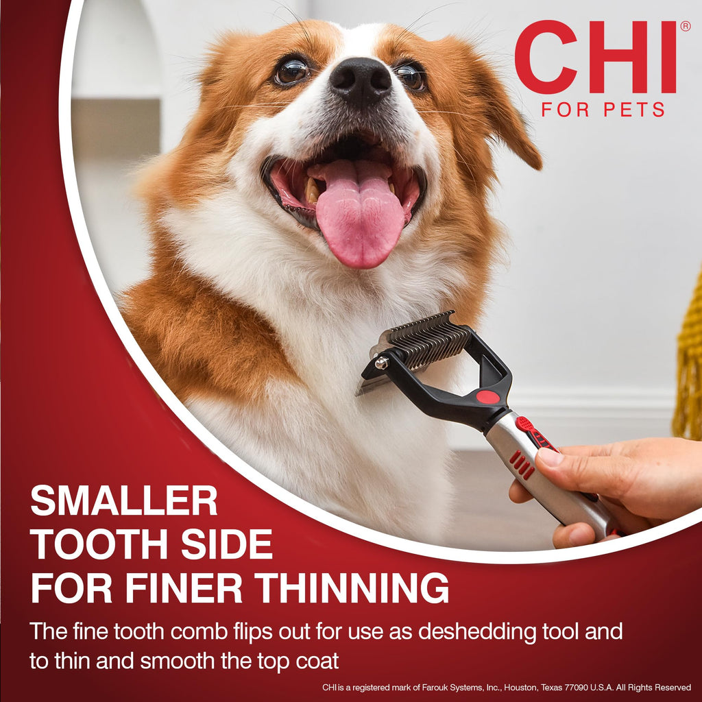 CHI for Dogs 2-in-1 Dematting and Deshedding Rake - Dual Head Grooming Tool for Thick Coats