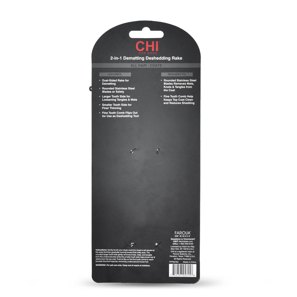 CHI for Dogs 2-in-1 Dematting and Deshedding Rake - Dual Head Grooming Tool for Thick Coats