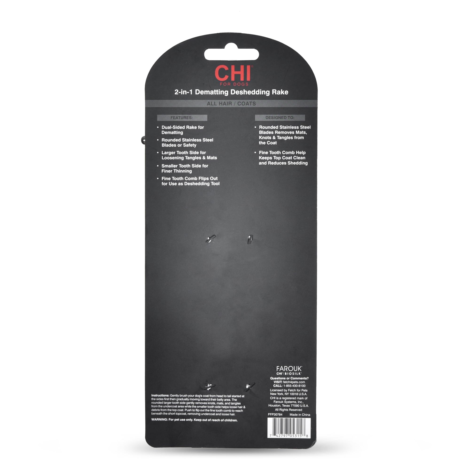CHI for Dogs 2-in-1 Dematting and Deshedding Rake - Dual Head Grooming Tool for Thick Coats