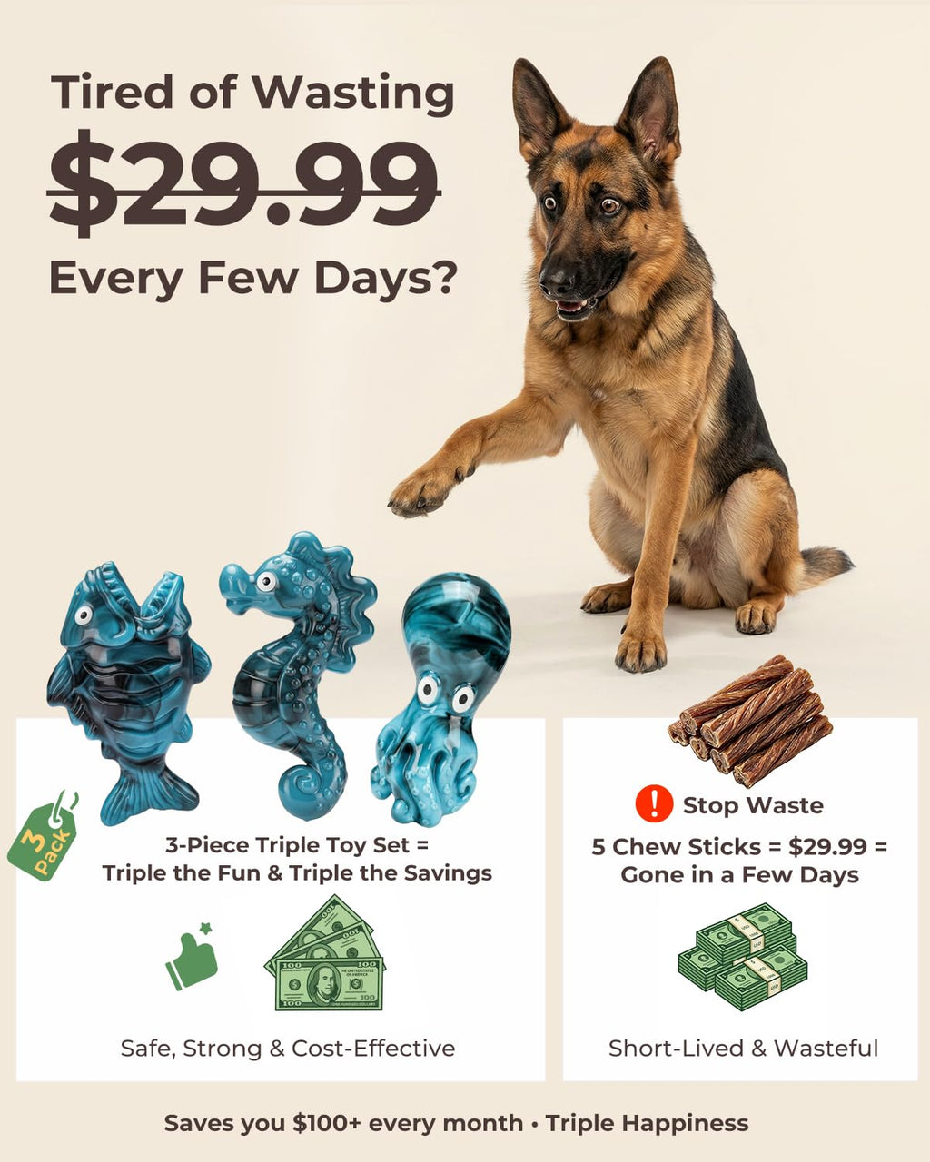 ChienBox 3-Pack Tough Dog Toys for Aggressive Chewers - Bacon-Flavored Nylon Chew Bones for Medium Large Breeds 20-90 lbs