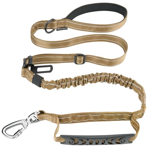 Chioratree Tactical Dog Leash Heavy Duty 4-6ft Shock Absorbing Bungee with Reflective and Padded Handles, Khaki