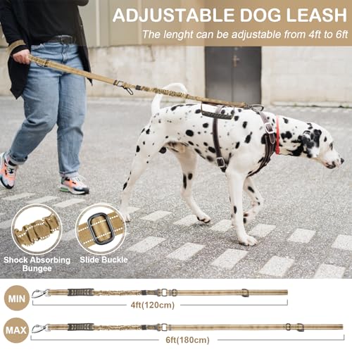 Chioratree Tactical Dog Leash Heavy Duty 4-6ft Shock Absorbing Bungee with Reflective and Padded Handles, Khaki