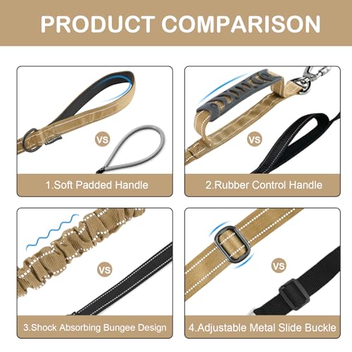 Chioratree Tactical Dog Leash Heavy Duty 4-6ft Shock Absorbing Bungee with Reflective and Padded Handles, Khaki