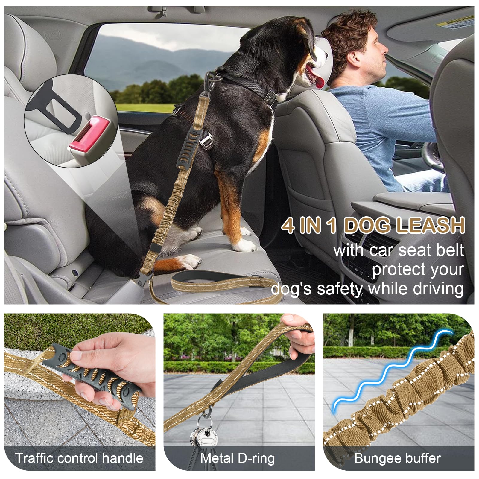 Chioratree Tactical Dog Leash Heavy Duty 4-6ft Shock Absorbing Bungee with Reflective and Padded Handles, Khaki
