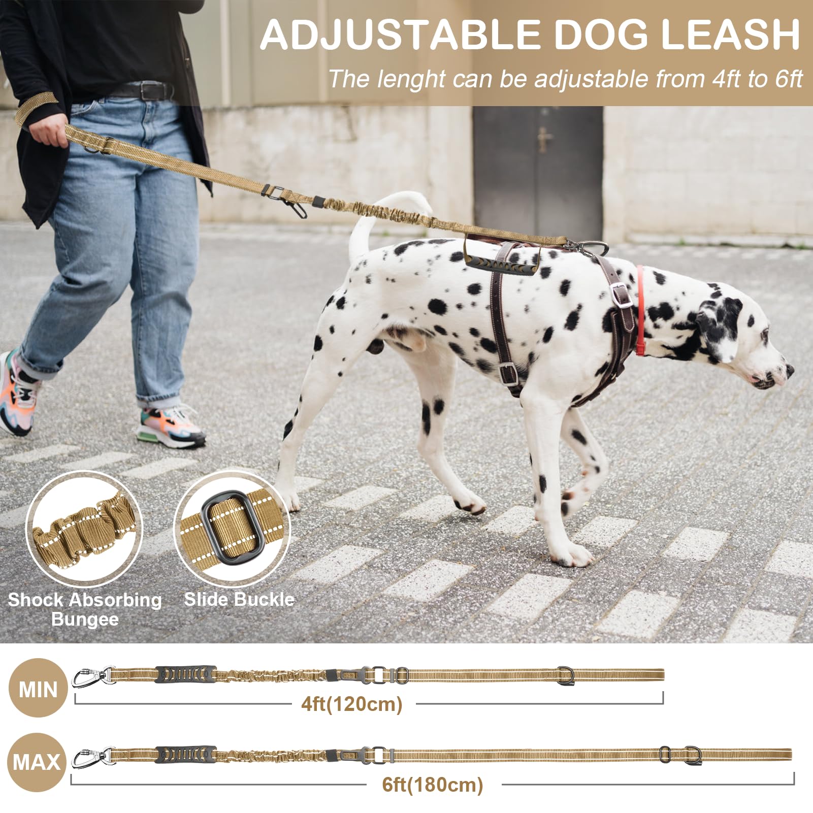 Chioratree Tactical Dog Leash Heavy Duty 4-6ft Shock Absorbing Bungee with Reflective and Padded Handles, Khaki