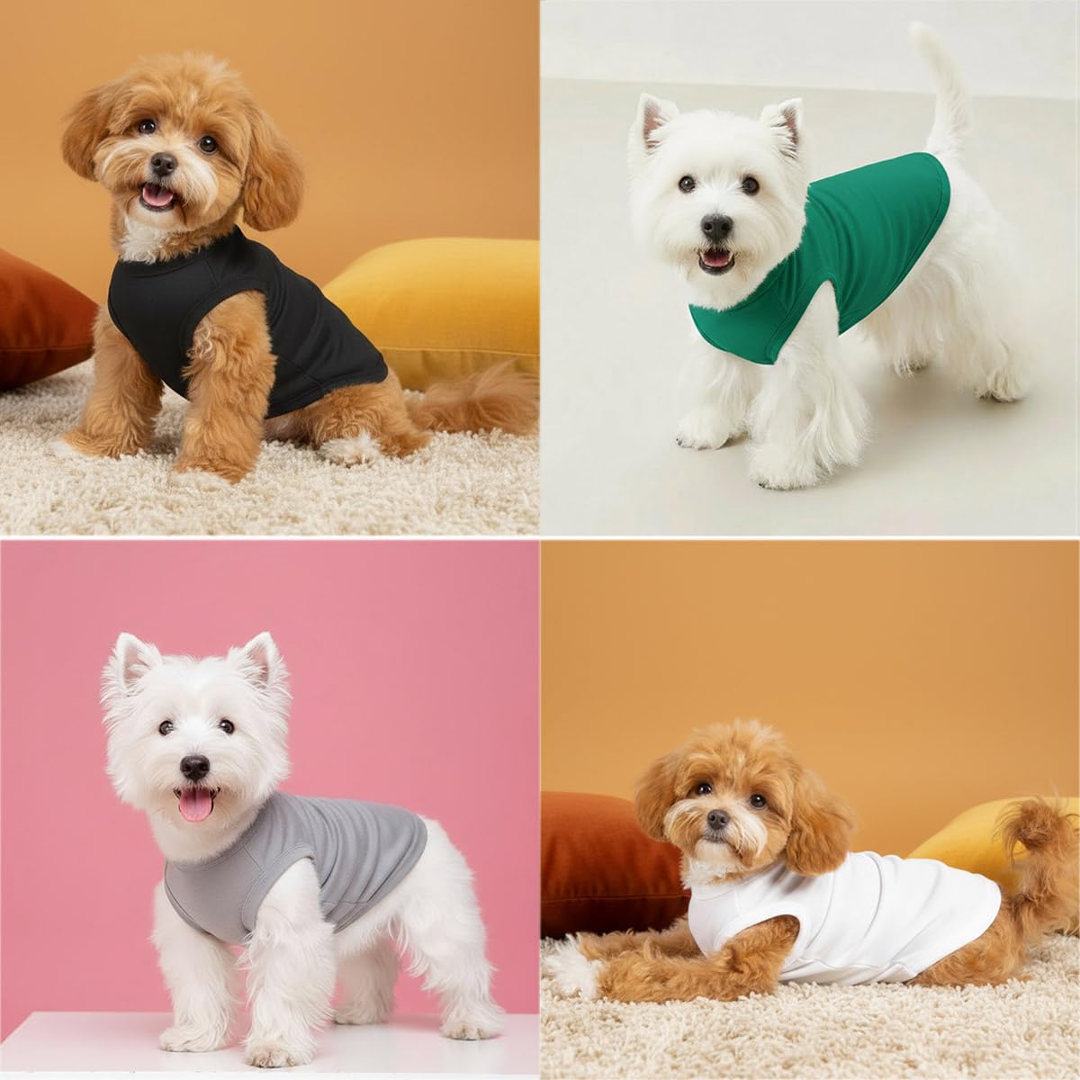 Chol&Vivi 4-Pack Dog Tank Tops, Sleeveless Cotton Shirts for Large Dogs, XX-Large (25" Chest), Black/Grey/White/Dark Green