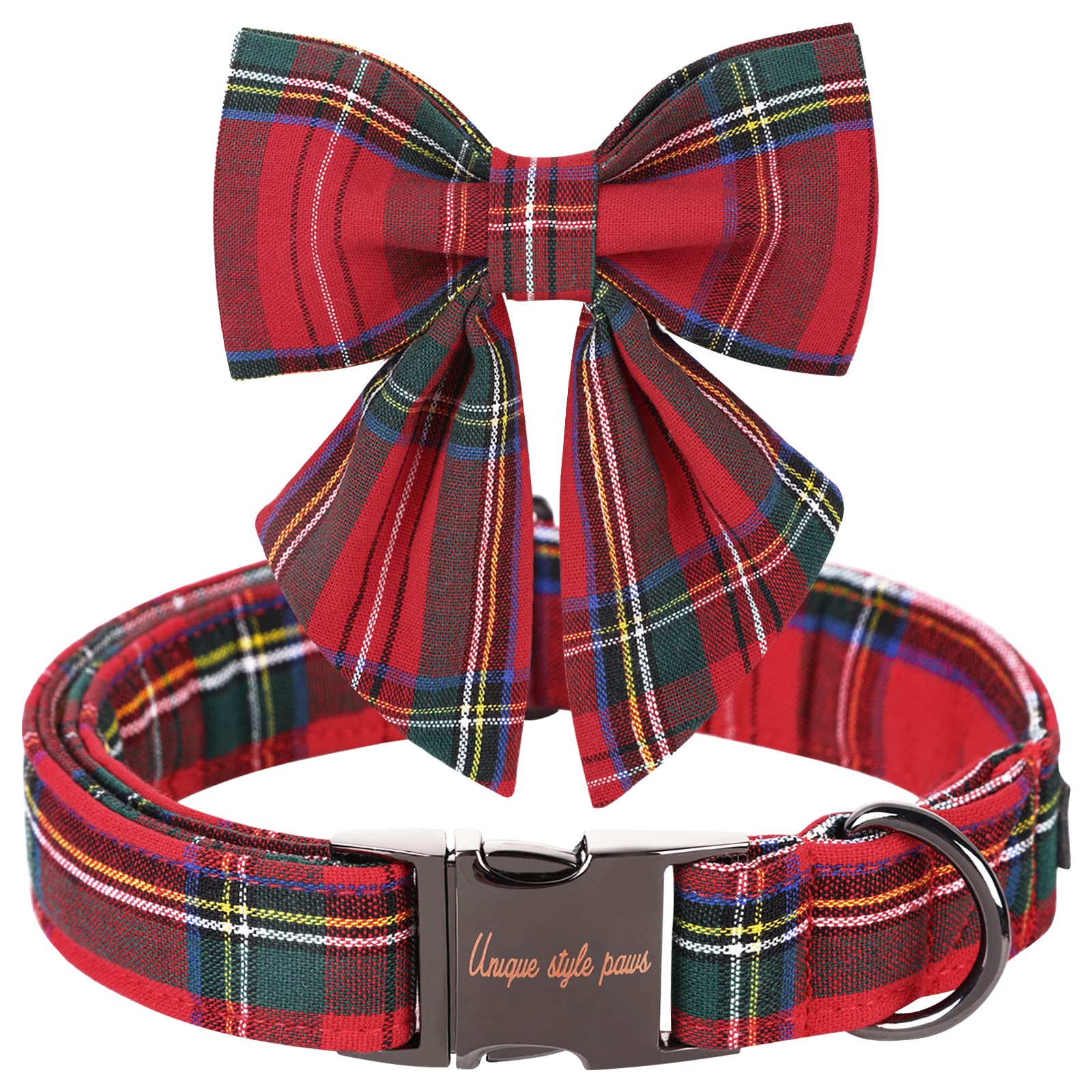 Christmas Dog Collar with Bow Tie – Red Plaid Cotton, Adjustable Sizes for Small to Large Dogs