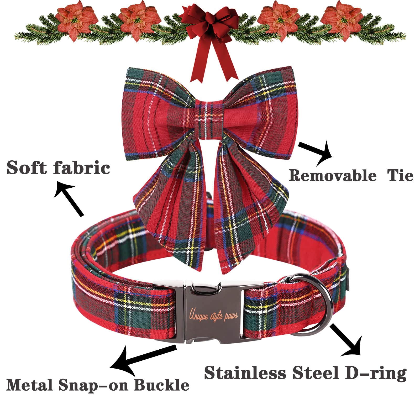 Christmas Dog Collar with Bow Tie – Red Plaid Cotton, Adjustable Sizes for Small to Large Dogs