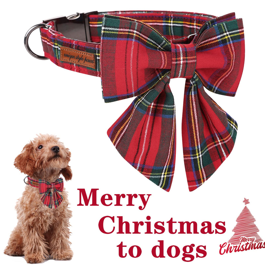 Christmas Dog Collar with Bow Tie – Red Plaid Cotton, Adjustable Sizes for Small to Large Dogs
