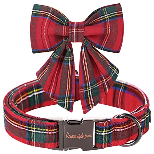 Christmas Dog Collar with Bow Tie – Red Plaid Cotton, Adjustable Sizes for Small to Large Dogs