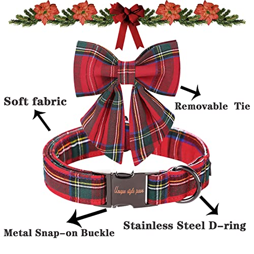 Christmas Dog Collar with Bow Tie – Red Plaid Cotton, Adjustable Sizes for Small to Large Dogs