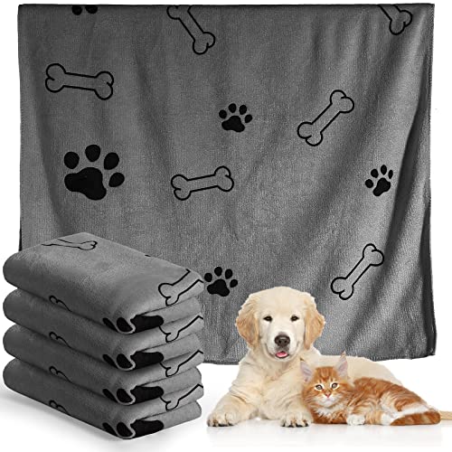 Chumia 4 Pack Microfiber Dog Towels - Absorbent Quick-Drying Pet Towels with Bone Print (24x40 Inch, Blue & Pink)
