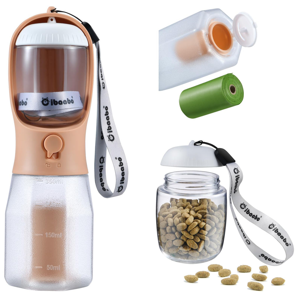 Cibaabo 12oz Dog Water Bottle with Food Container & Poop Bag Holder - Portable Pet Water Dispenser for Travel, Hiking