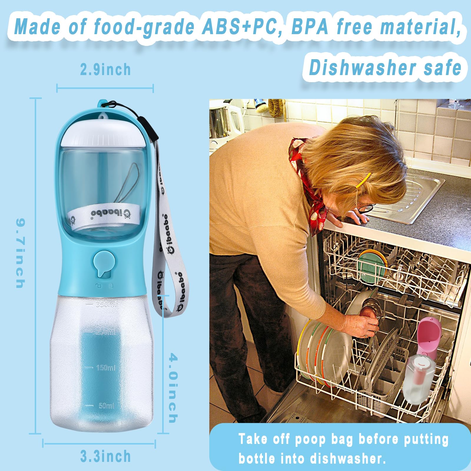 Cibaabo 12oz Dog Water Bottle with Food Container & Poop Bag Holder - Portable Pet Water Dispenser for Travel, Hiking