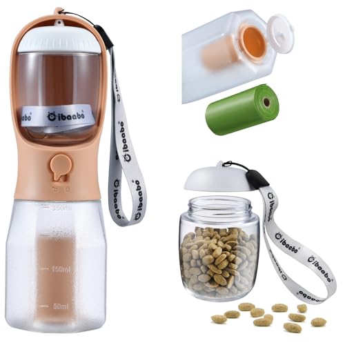 Cibaabo 12oz Dog Water Bottle with Food Container & Poop Bag Holder - Portable Pet Water Dispenser for Travel, Hiking