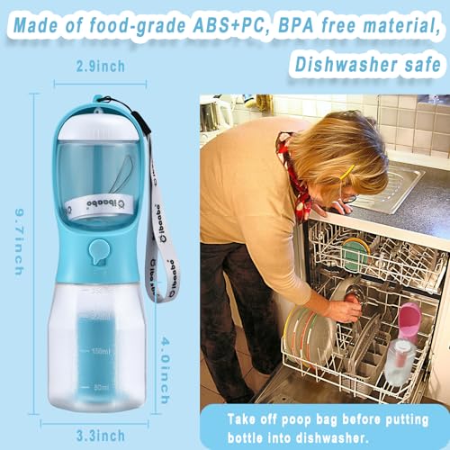 Cibaabo Dog Water Bottle 12oz with Food Container and Poop Bag Holder – Portable Travel Pet Dispenser for Hiking and Walking