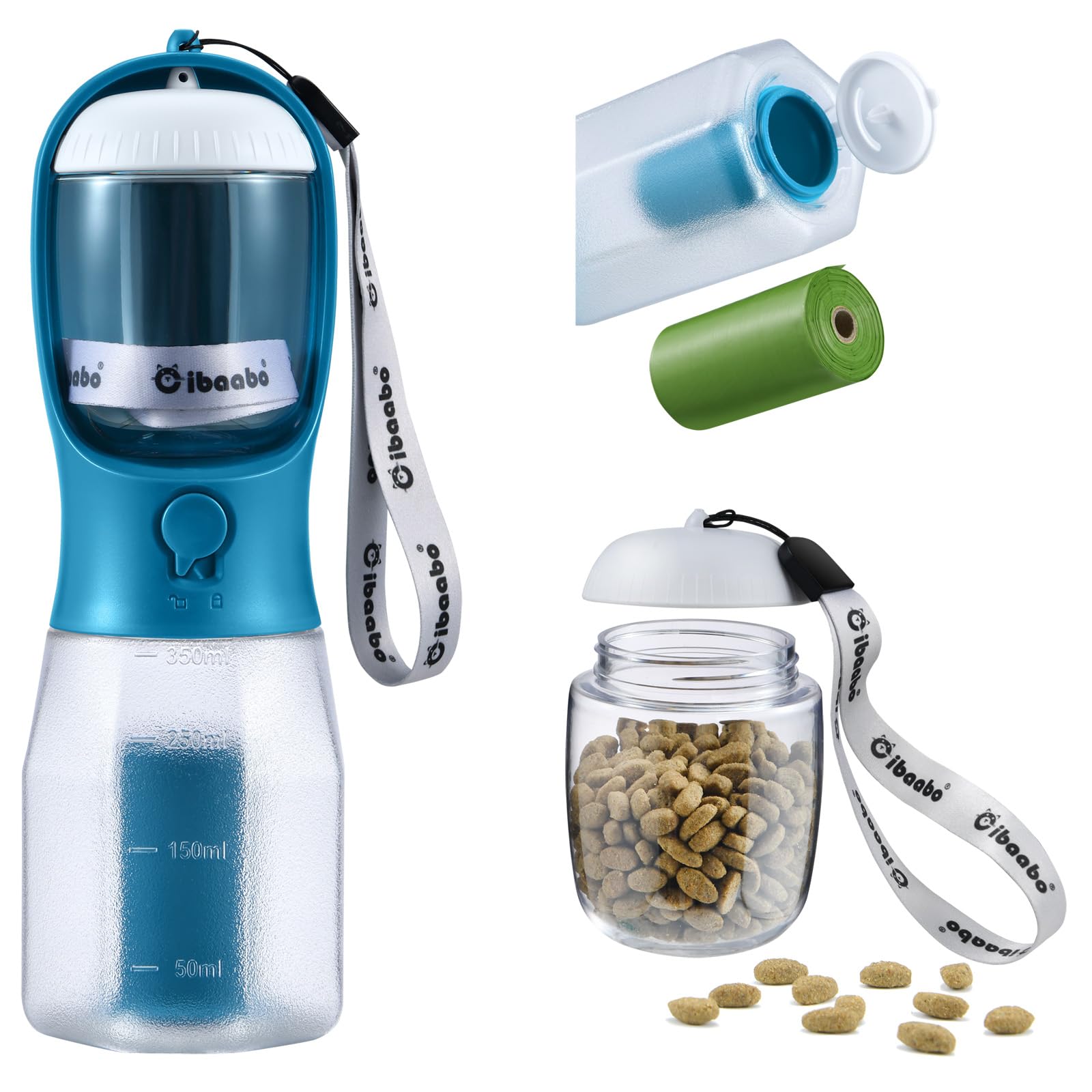 Cibaabo Dog Water Bottle 12oz with Food Container and Poop Bag Holder – Portable Travel Pet Dispenser for Hiking and Walking