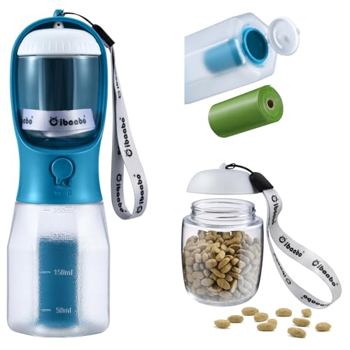 Cibaabo Dog Water Bottle 12oz with Food Container and Poop Bag Holder – Portable Travel Pet Dispenser for Hiking and Walking