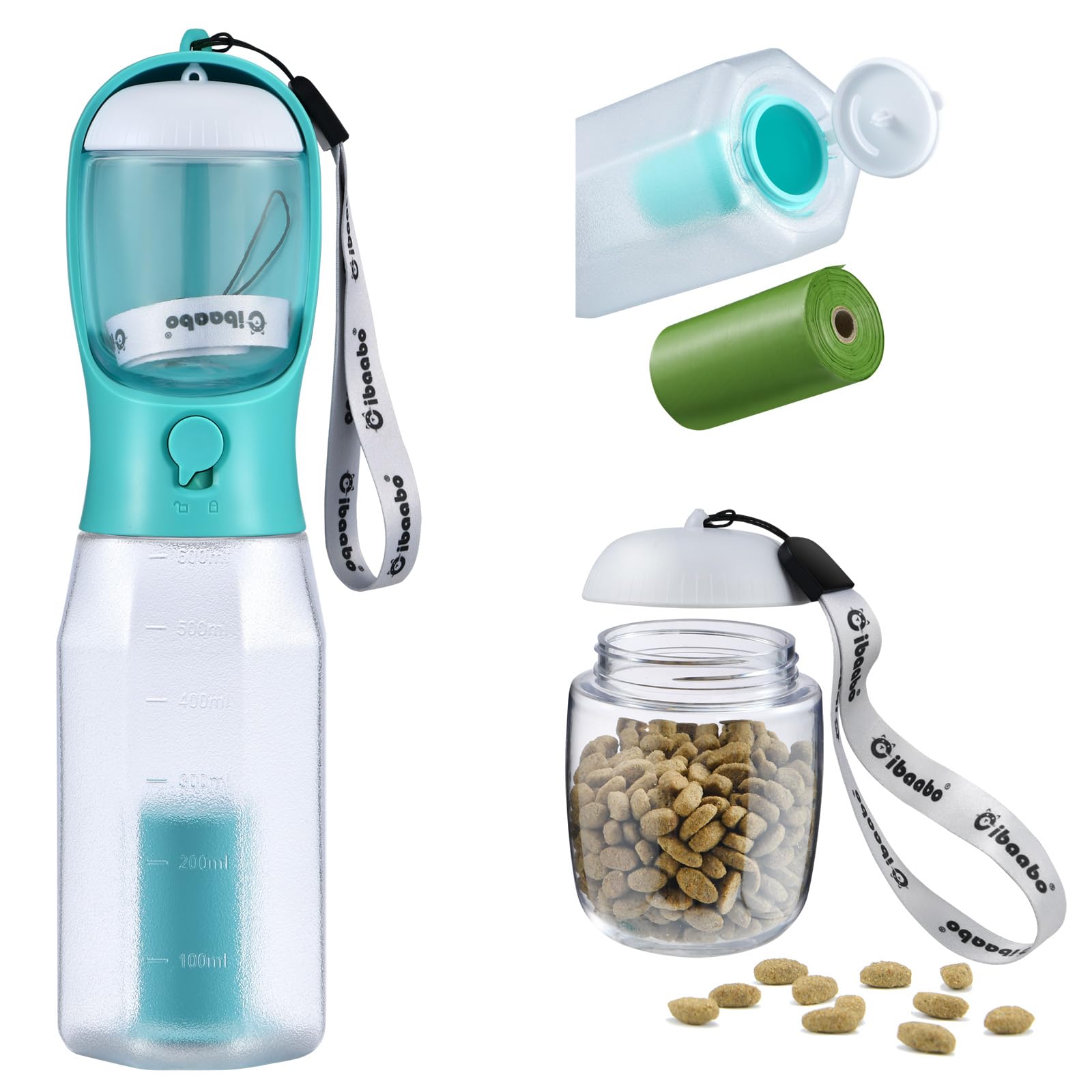 Cibaabo Dog Water Bottle with Food Container and Poop Bag Holder – Portable Travel Pet Water Dispenser