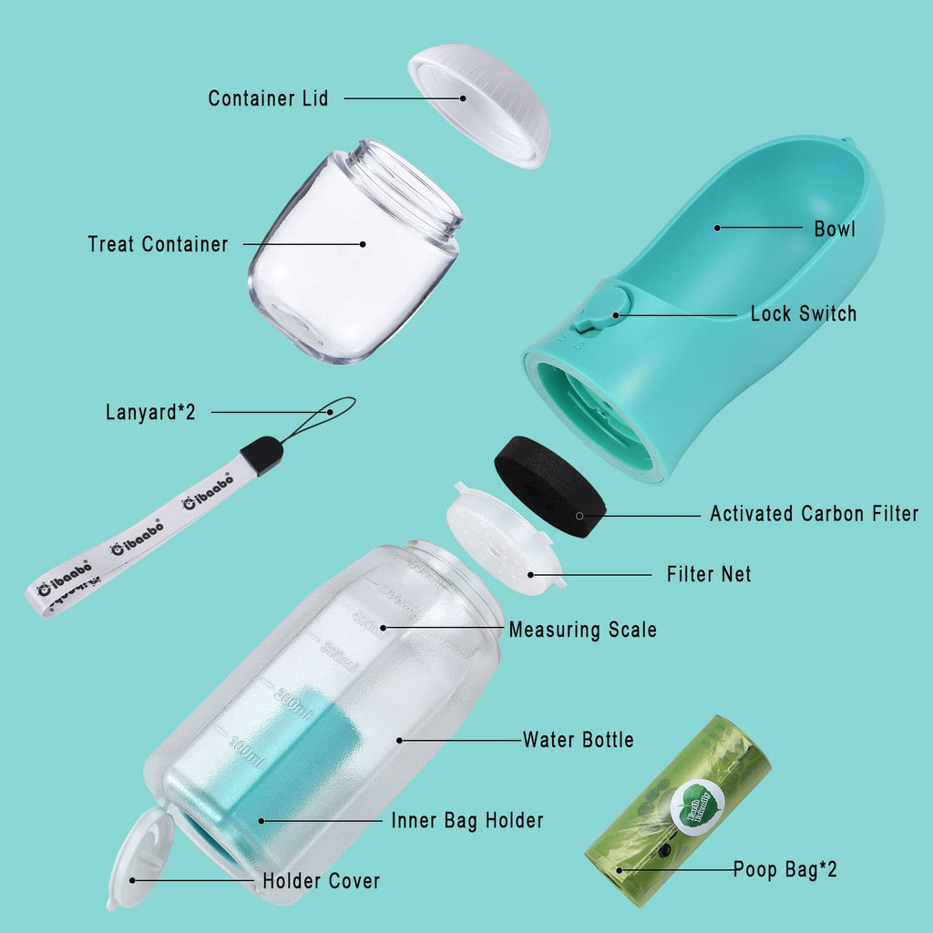 Cibaabo Dog Water Bottle with Food Container and Poop Bag Holder – Portable Travel Pet Water Dispenser