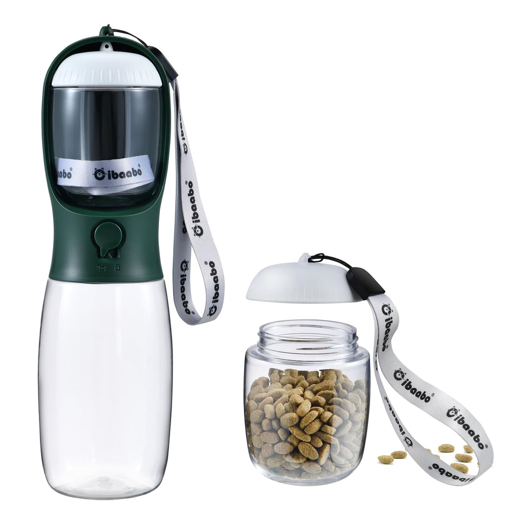 Cibaabo Dog Water Bottle with Food Container – Portable Pet Water Dispenser for Walking and Hiking (Dark Green, 10oz/19oz Options)