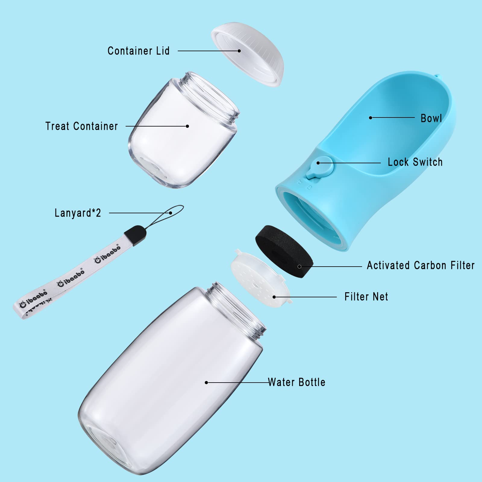 Cibaabo Portable Dog Water Bottle with Attached Food Container - Leak-Proof Design, Carbon Filter, BPA-Free, for Hiking and Travel