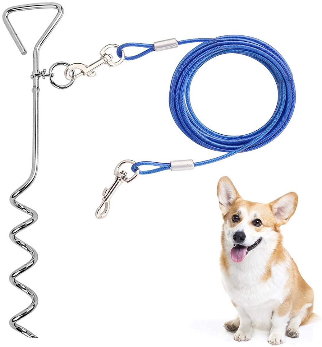 CLKHOWL Dog Stake Tie Out Cable 16ft - Heavy Duty Galvanized Cable with Spiral Stake for Medium to Large Dogs Up to 125 lbs - Blue Reflective Stake for Yard Camping Outdoors