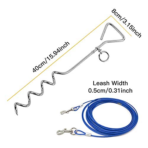 CLKHOWL Dog Stake Tie Out Cable 16ft - Heavy Duty Galvanized Cable with Spiral Stake for Medium to Large Dogs Up to 125 lbs - Blue Reflective Stake for Yard Camping Outdoors