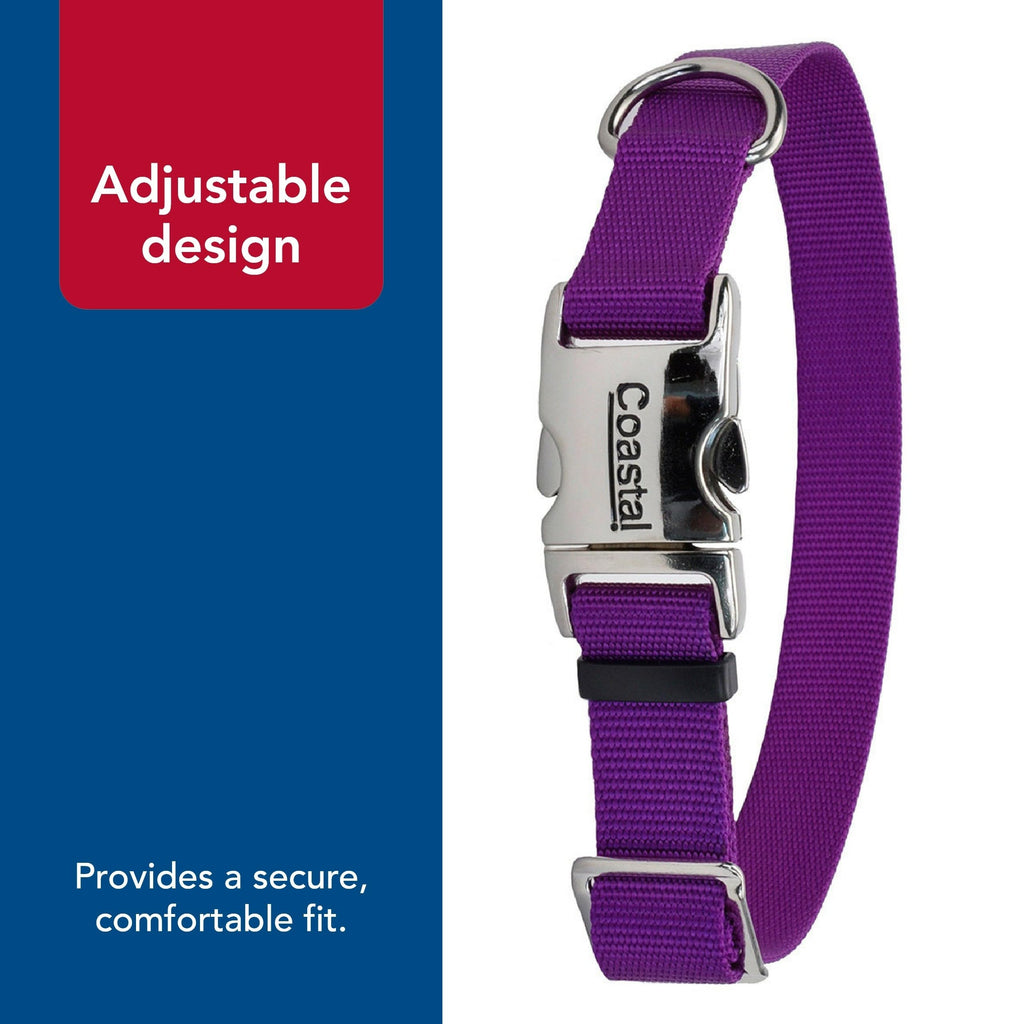 Coastal Nylon Adjustable Dog Collar 18-26 Inch Purple with Metal Snap-Lock Buckle