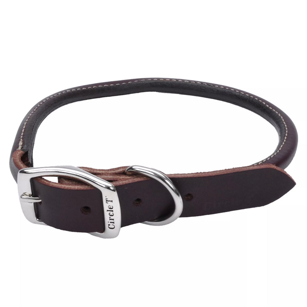 Coastal Pet Circle T Latigo Leather Round Dog Collar – Handcrafted Full-Grain 3/8" x 14" Brown Collar for Long Hair or Sensitive Skin