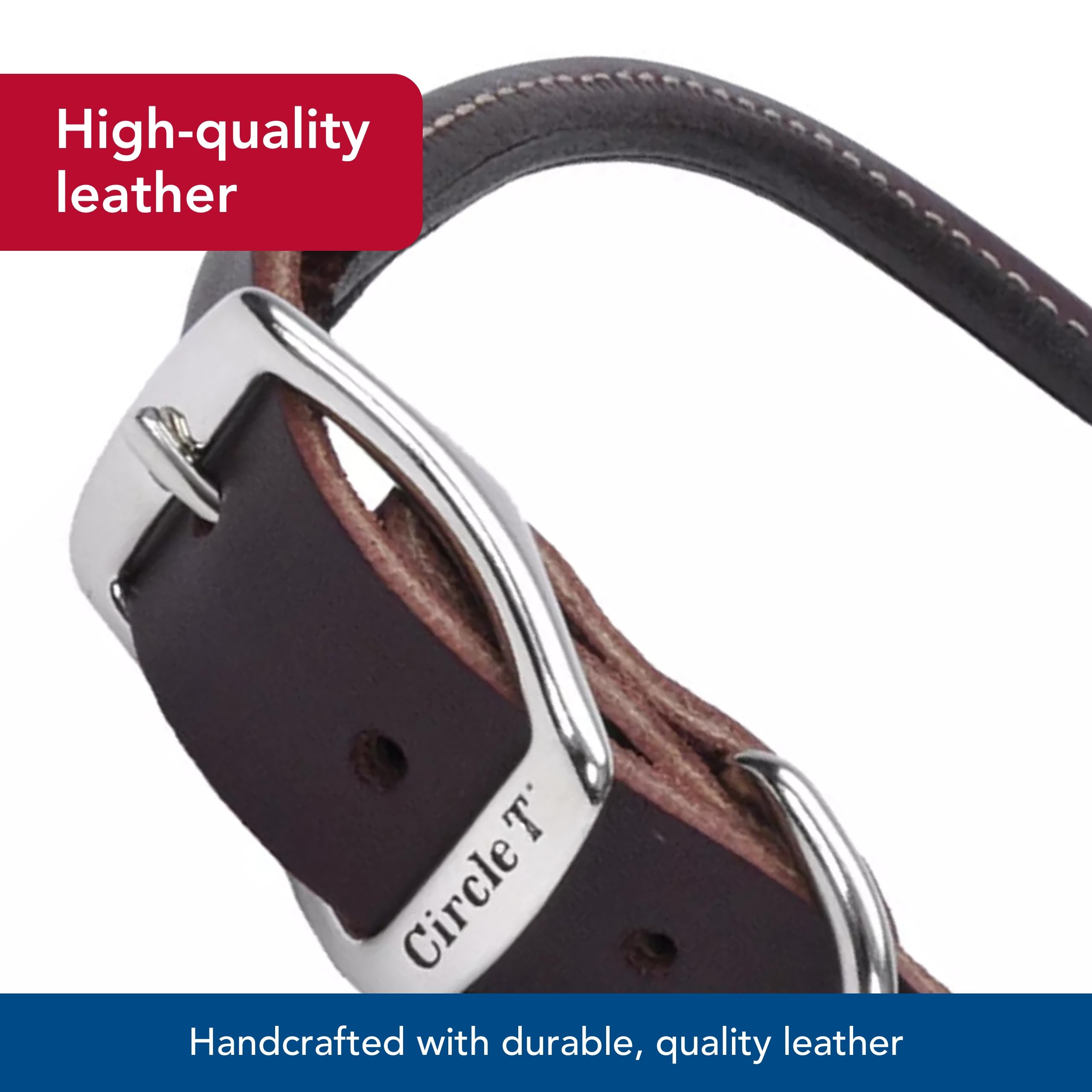 Coastal Pet Circle T Latigo Leather Round Dog Collar – Handcrafted Full-Grain 3/8" x 14" Brown Collar for Long Hair or Sensitive Skin
