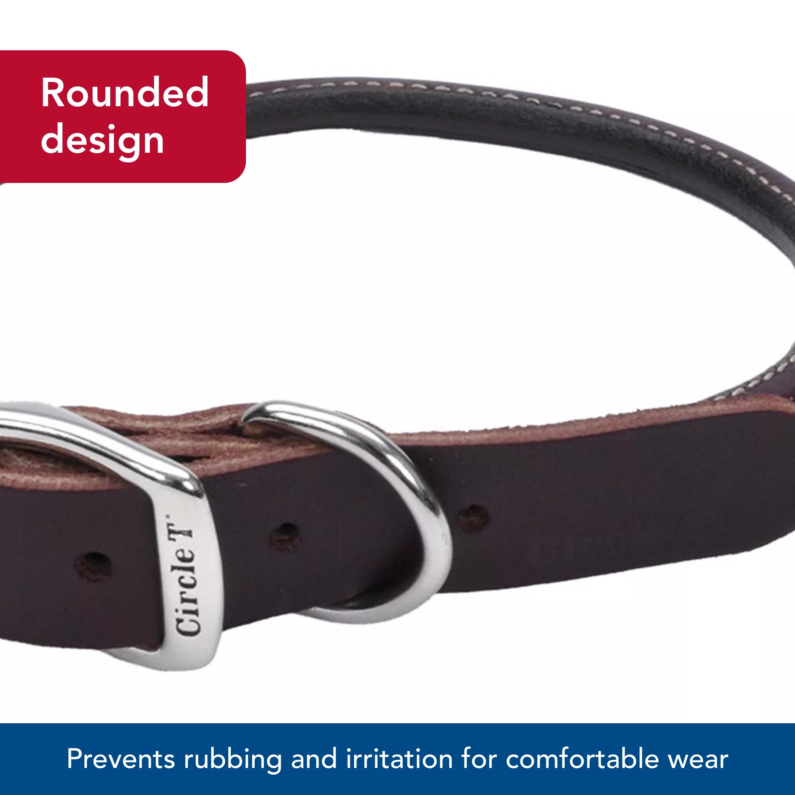 Coastal Pet Circle T Latigo Leather Round Dog Collar – Handcrafted Full-Grain 3/8" x 14" Brown Collar for Long Hair or Sensitive Skin