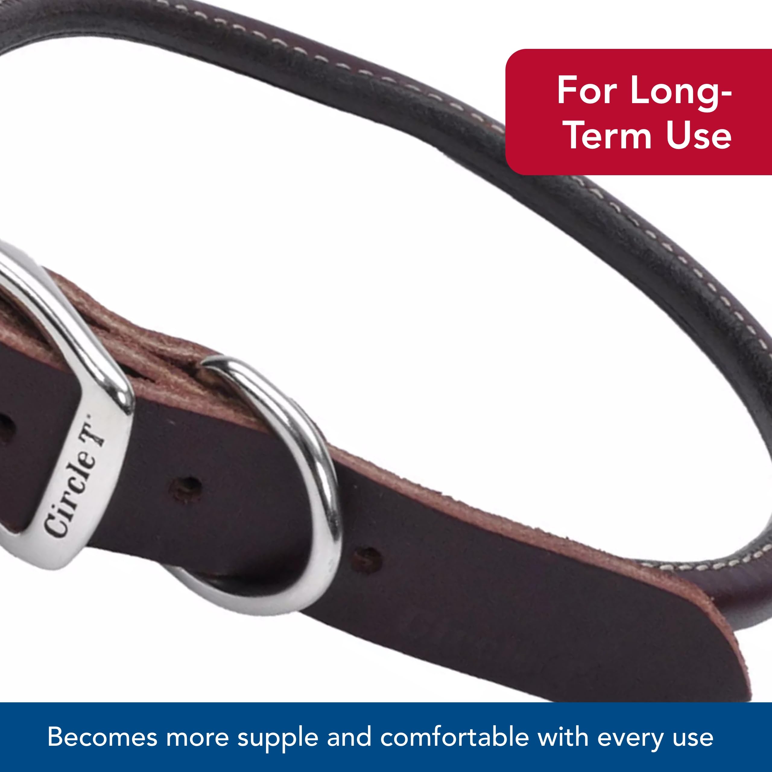 Coastal Pet Circle T Latigo Leather Round Dog Collar – Handcrafted Full-Grain 3/8" x 14" Brown Collar for Long Hair or Sensitive Skin