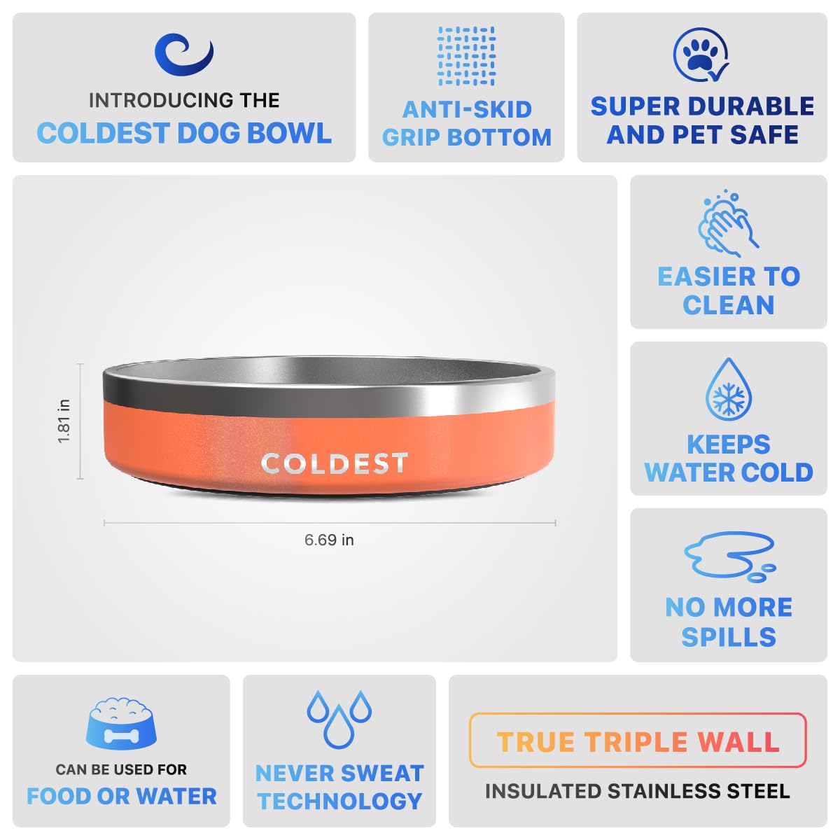 Coldest Dog Bowl 21 oz Mars Red Glitter - Triple Wall Insulated Stainless Steel, Non-Slip, Rust-Resistant