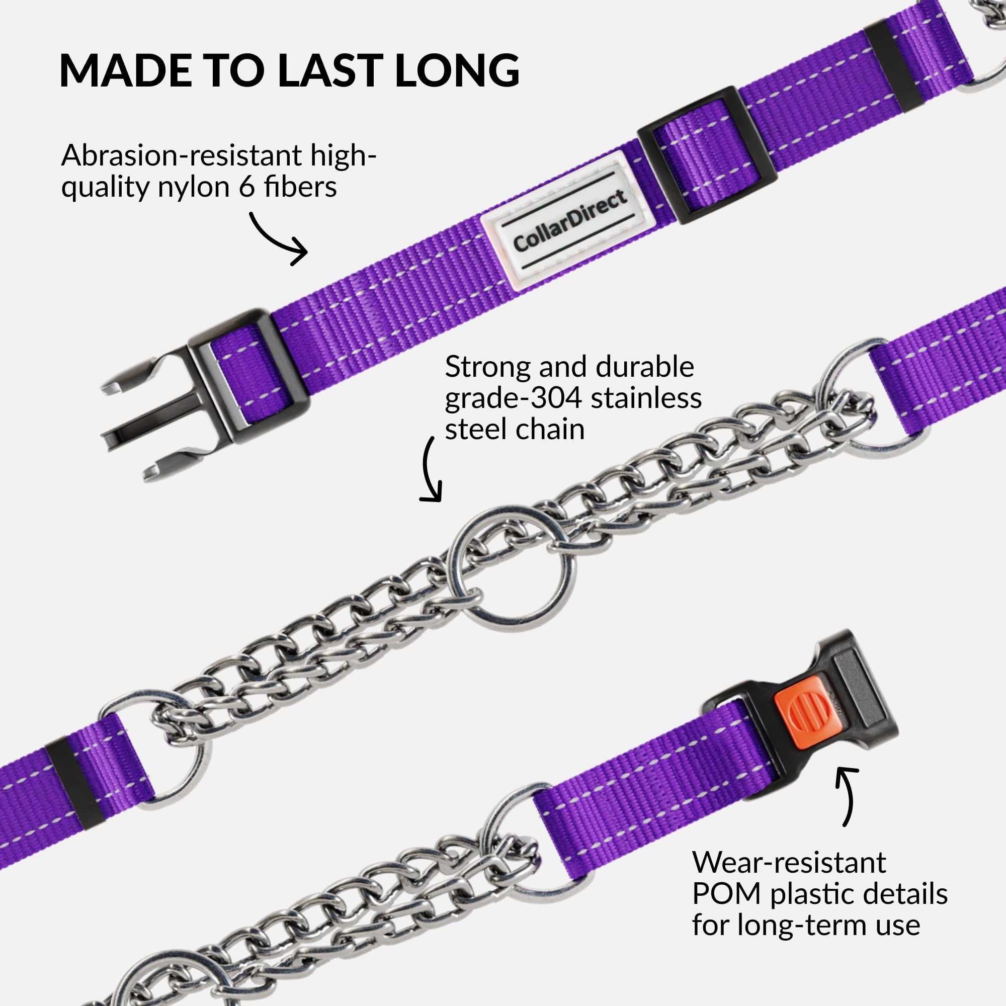 CollarDirect Martingale Dog Collar - Medium (14"-17") - Purple Reflective Nylon - Slip Collar for Training