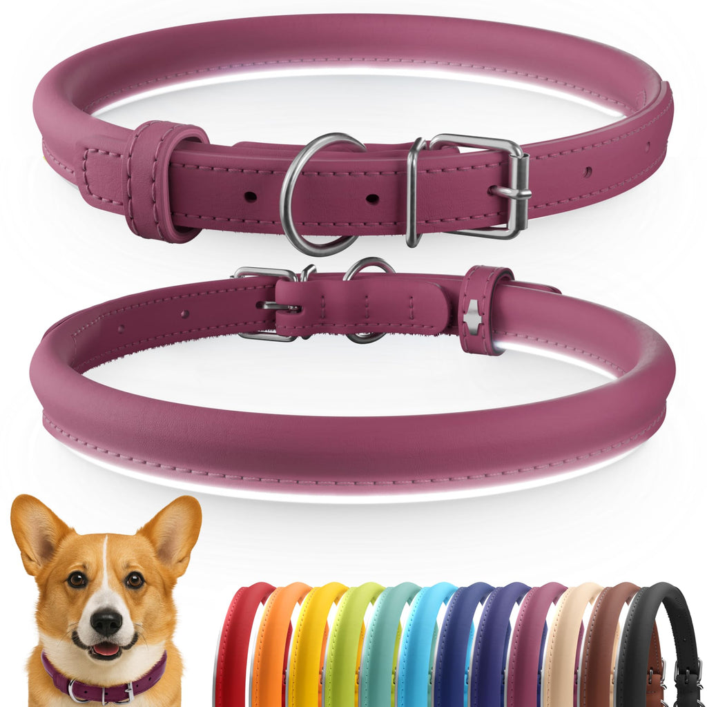 CollarDirect Pink Reflective Rolled Leather Dog Collar – Handmade Genuine Leather, 0.6-Inch Wide, Fits 11-14 Inch Neck
