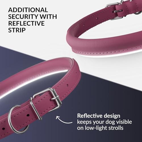 CollarDirect Pink Reflective Rolled Leather Dog Collar – Handmade Genuine Leather, 0.6-Inch Wide, Fits 11-14 Inch Neck