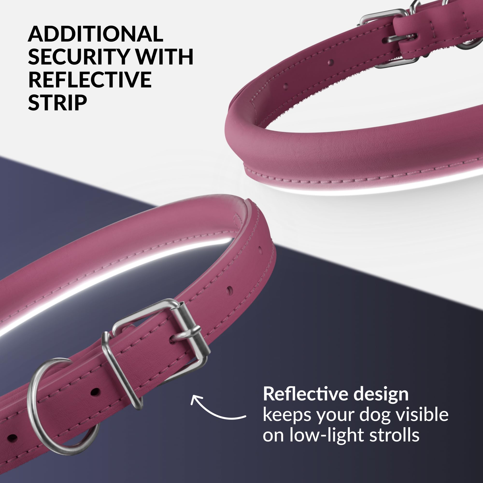 CollarDirect Pink Reflective Rolled Leather Dog Collar – Handmade Genuine Leather, 0.6-Inch Wide, Fits 11-14 Inch Neck