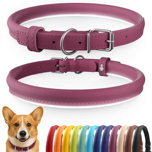 CollarDirect Pink Reflective Rolled Leather Dog Collar – Handmade Genuine Leather, 0.6-Inch Wide, Fits 11-14 Inch Neck