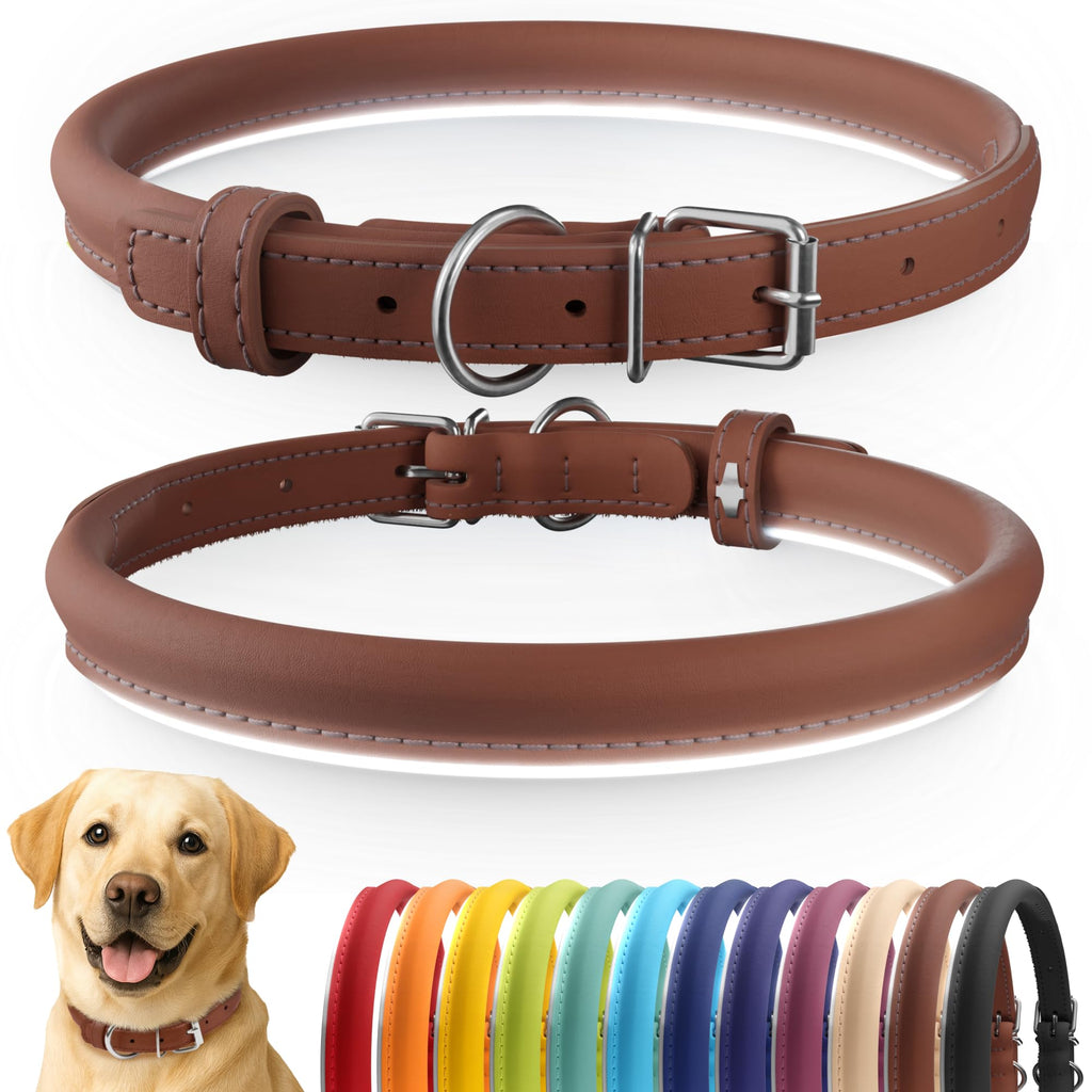 CollarDirect Reflective Rolled Leather Dog Collar - Soft Padded Round Collar for Small & Large Dogs, 0.8" Wide, 15-19 Inch Neck, Cinnamon