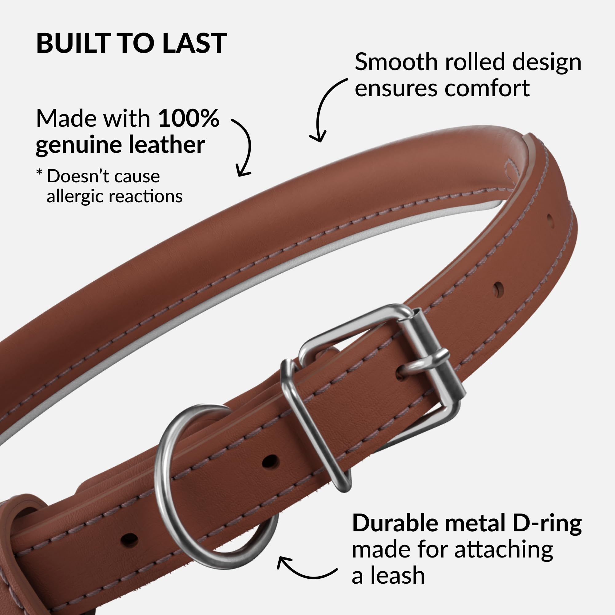 CollarDirect Reflective Rolled Leather Dog Collar - Soft Padded Round Collar for Small & Large Dogs, 0.8" Wide, 15-19 Inch Neck, Cinnamon