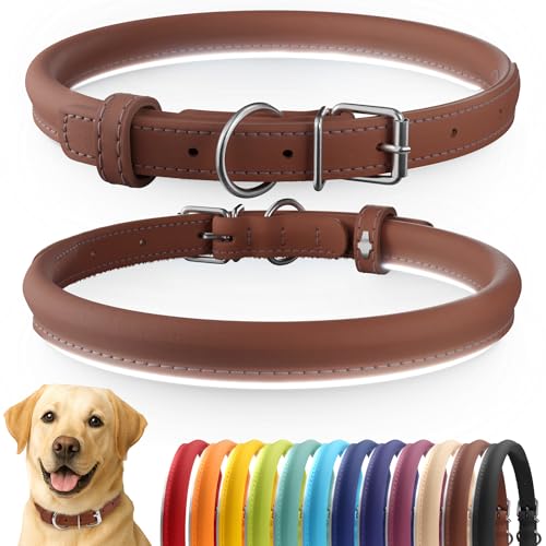 CollarDirect Reflective Rolled Leather Dog Collar - Soft Padded Round Collar for Small & Large Dogs, 0.8" Wide, 15-19 Inch Neck, Cinnamon