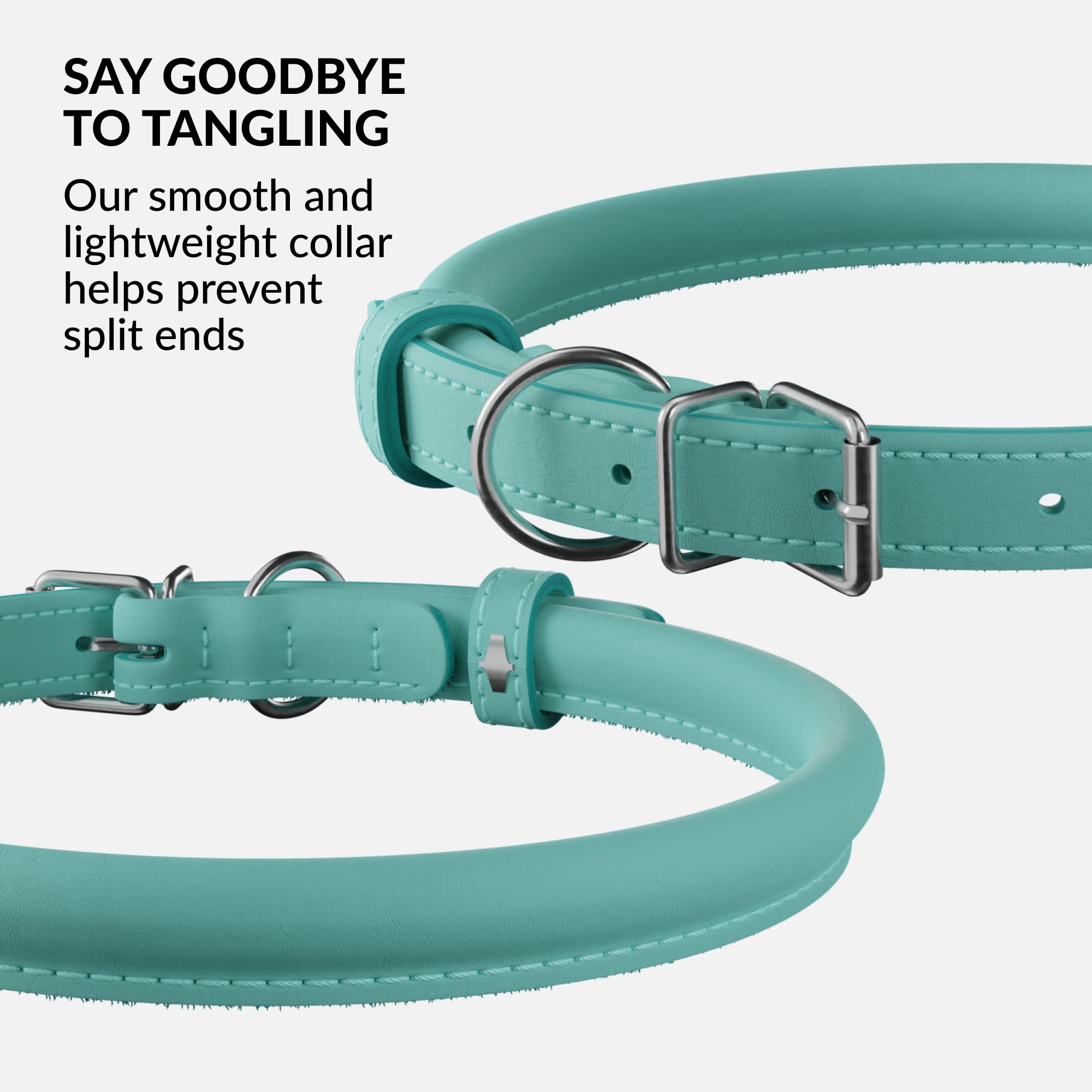 CollarDirect Reflective Rolled Leather Dog Collar - Soft Padded Round Puppy Collar, Handmade Genuine Leather, 15-19 Inch Neck, Mint Green