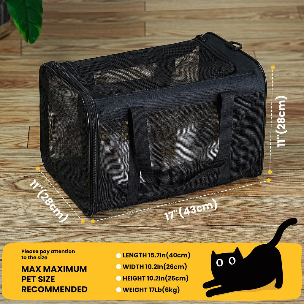 Conlun Soft-Sided Cat Carrier Bag – 17x11x11 Inch, Airline Approved, Collapsible, Black
