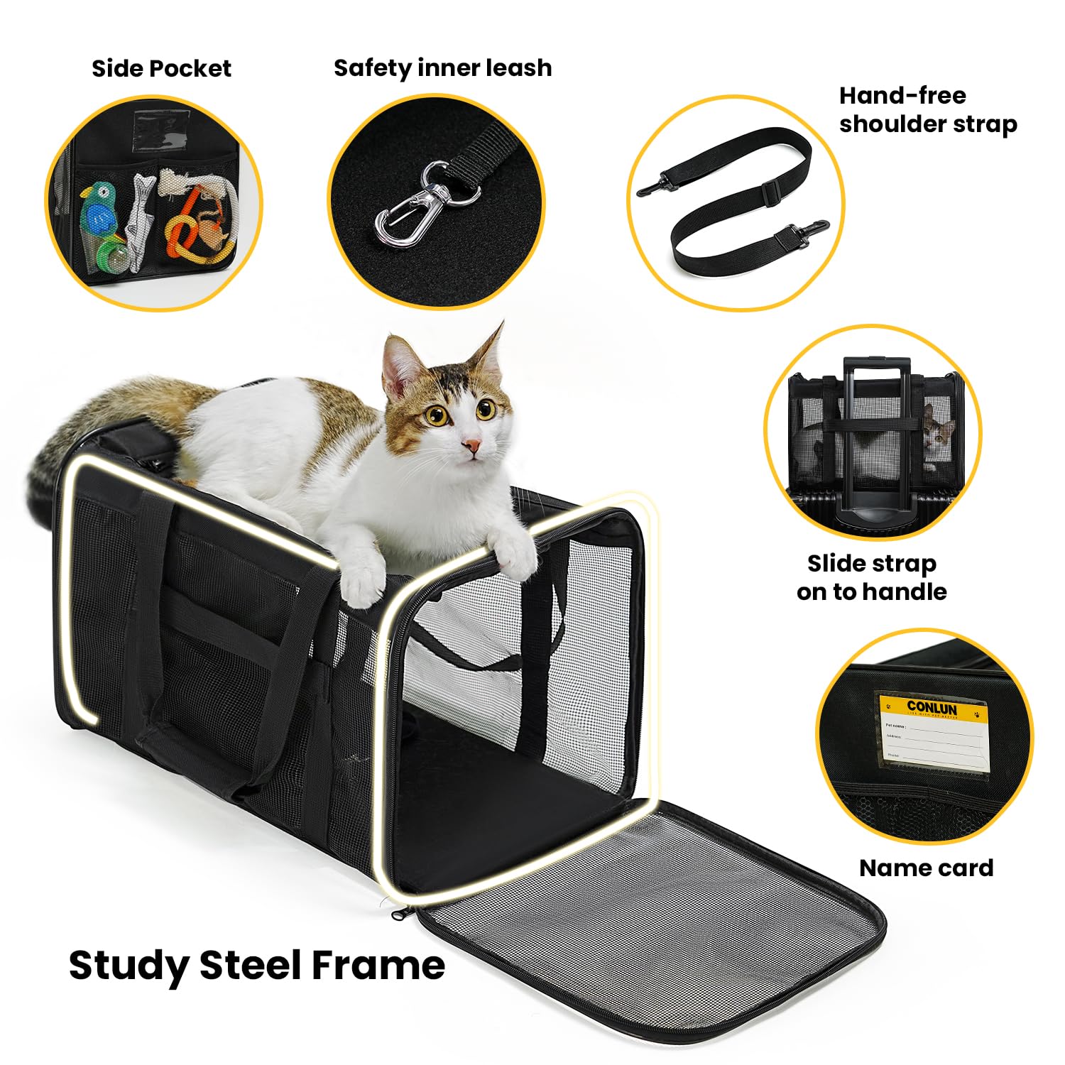 Conlun Soft-Sided Cat Carrier Bag – 17x11x11 Inch, Airline Approved, Collapsible, Black