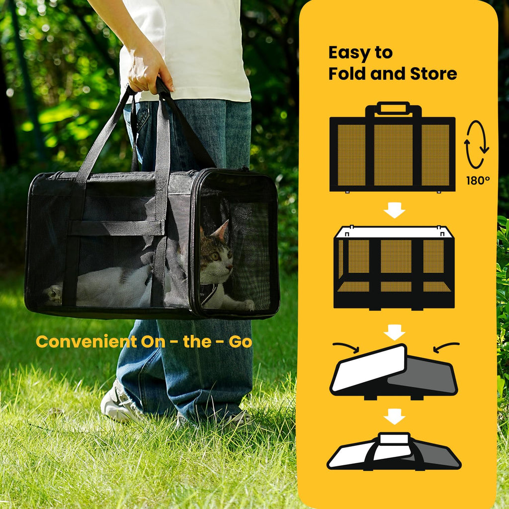 Conlun Soft-Sided Cat Carrier Bag – 17x11x11 Inch, Airline Approved, Collapsible, Black