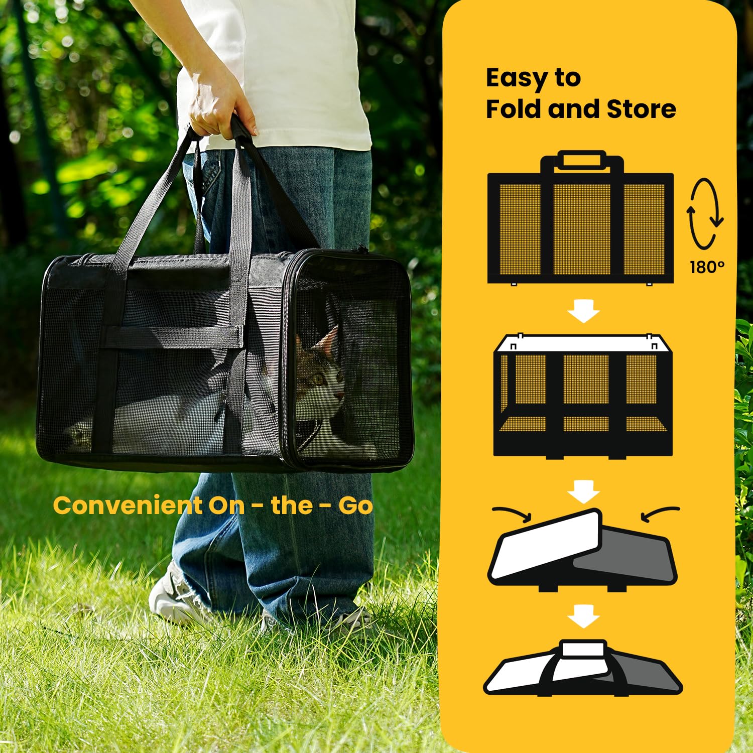 Conlun Soft-Sided Cat Carrier Bag – 17x11x11 Inch, Airline Approved, Collapsible, Black